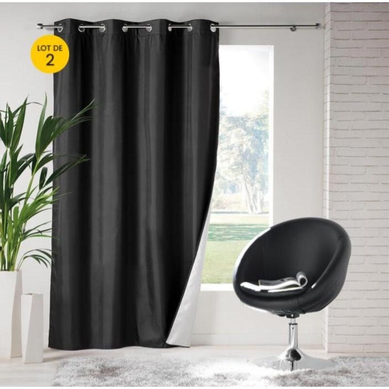Lot de 2 rideaux à œillets isolant thermique Icemount Noir 140 x 260 cm - dos en polyuréthane