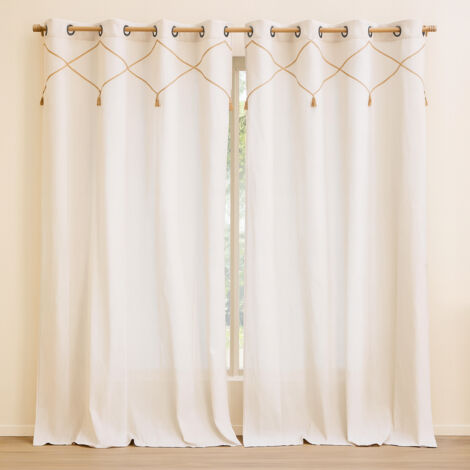 Lot de 2 Rideaux à Œillets Lacia - 140 x 240 cm - Polycoton Uni avec Détails en Jute et Pompons