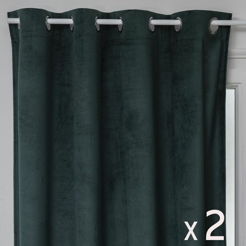 Lot de 2 Rideaux à œillets Occultant en Velours Vert cèdre motif en relief 140 x 260 cm Atmosphera