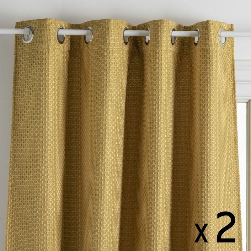 Atmosphera - Lot de 2 Rideaux à œillets Occultant Jacquard Ocre 140 x 260 cm