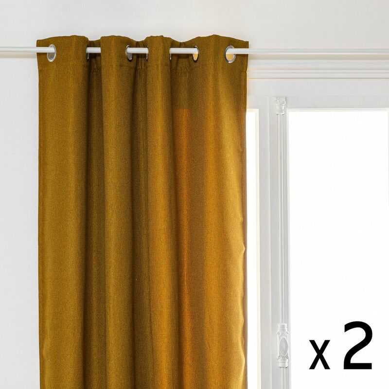 Atmosphera - Lot de 2 Rideaux à œillets Occultant Tissu Chenille Jaune Ocre 140 x 260 cm