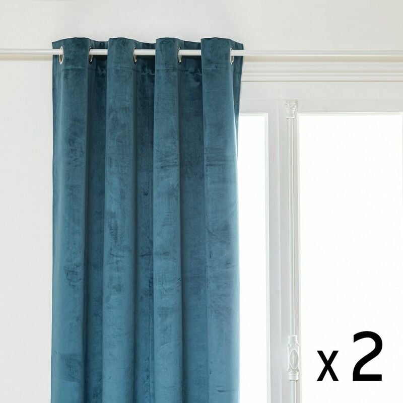 Lot de 2 Rideaux à œillets Occultant Velours Bleu Egéen 140 x 260 cm Atmosphera