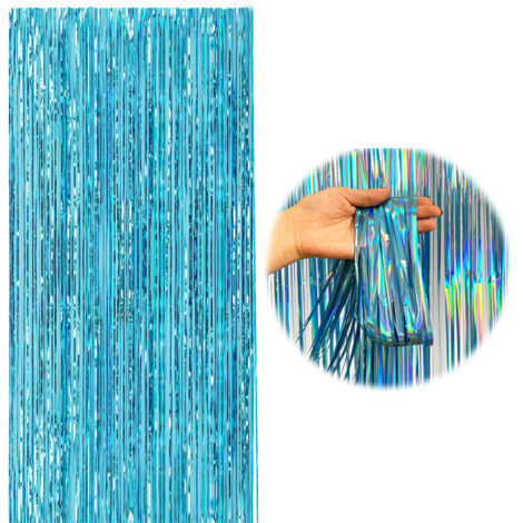 Lot de 2 rideaux à pompons, 1 m x 2 m, rideaux bleu clair métallisés, décorations de fête à pompons, rideaux de fond avec rubans, adaptés aux fêtes d'anniversaire, aux remises de diplômes, aux mariage