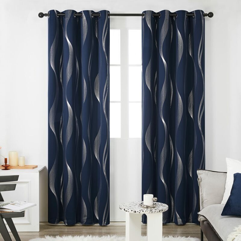 VURAHOME - Lot de 2 Rideaux Argenté Motif Ligne Salon Intérieur Maison Rideau Occultant Isolant Thermique à Oeillets 140x245cm Chambre Bleu Marine