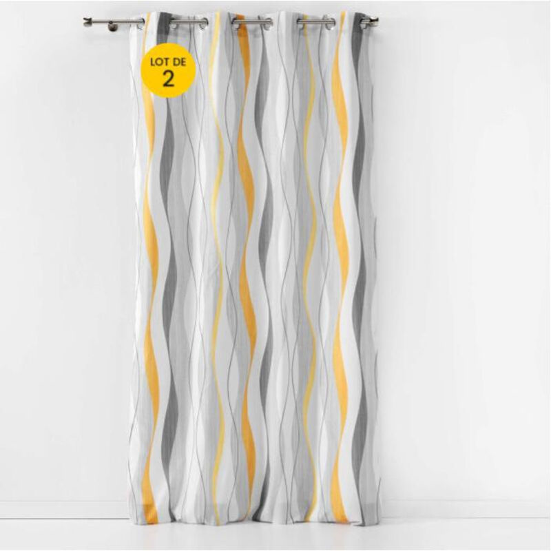 Lot de 2 Rideaux déco a oeillets 140 x 260 cm polyester imprime Ondulys Jaune/Blanc