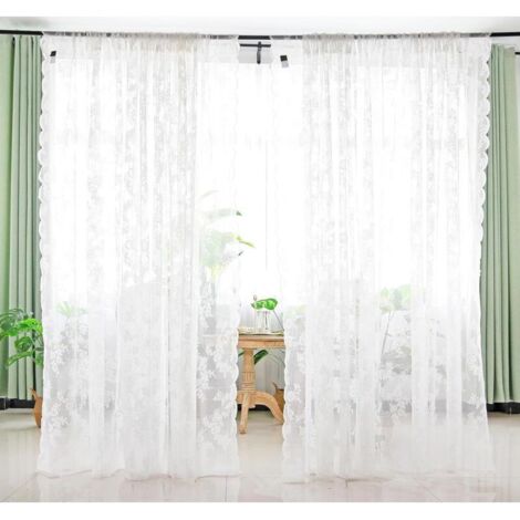 Lot de 2 rideaux en dentelle blanche brodée - Motif floral - Transparent - En voile dentelle - Avec sangles - Pour salon, chambre à coucher - Décoration - 150 x 200 cm