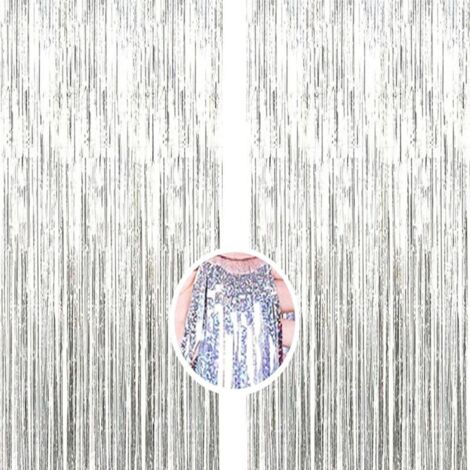 Lot de 2 rideaux frangés argentés (1M x 2M), décorations festives et photo, parfait pour une ambiance chic lors d’événements