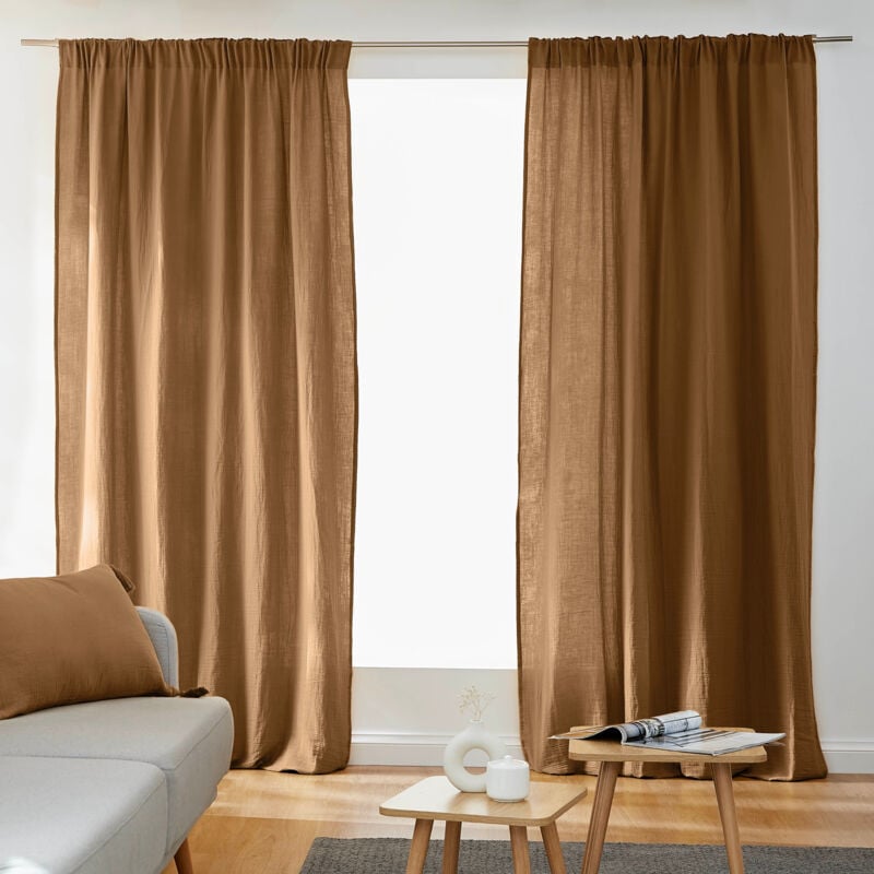 Lot de 2 Rideaux Galon Fronceur double Gaze de coton – Camel – 140 x 240 cm
