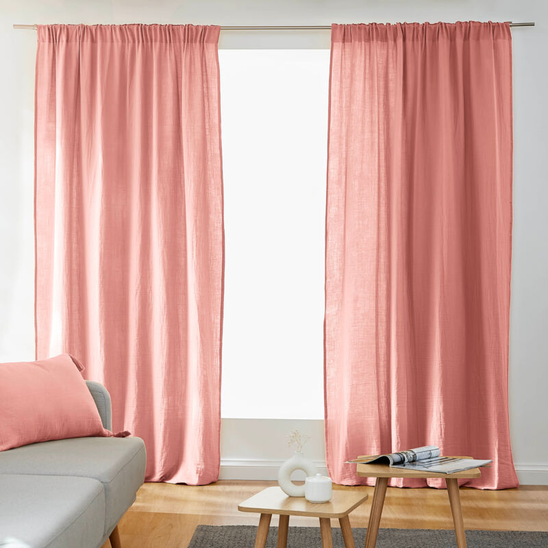 Lot de 2 Rideaux Galon Fronceur double Gaze de coton – Rose Pêche – 140 x 240 cm