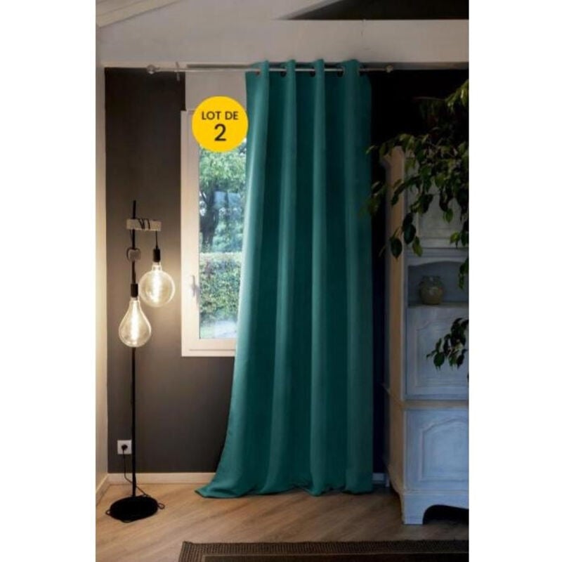 Lot de 2 Rideaux grande hauteur occultant + isolant phonique polaire L140 x H280 cm Inuit Bleu canard