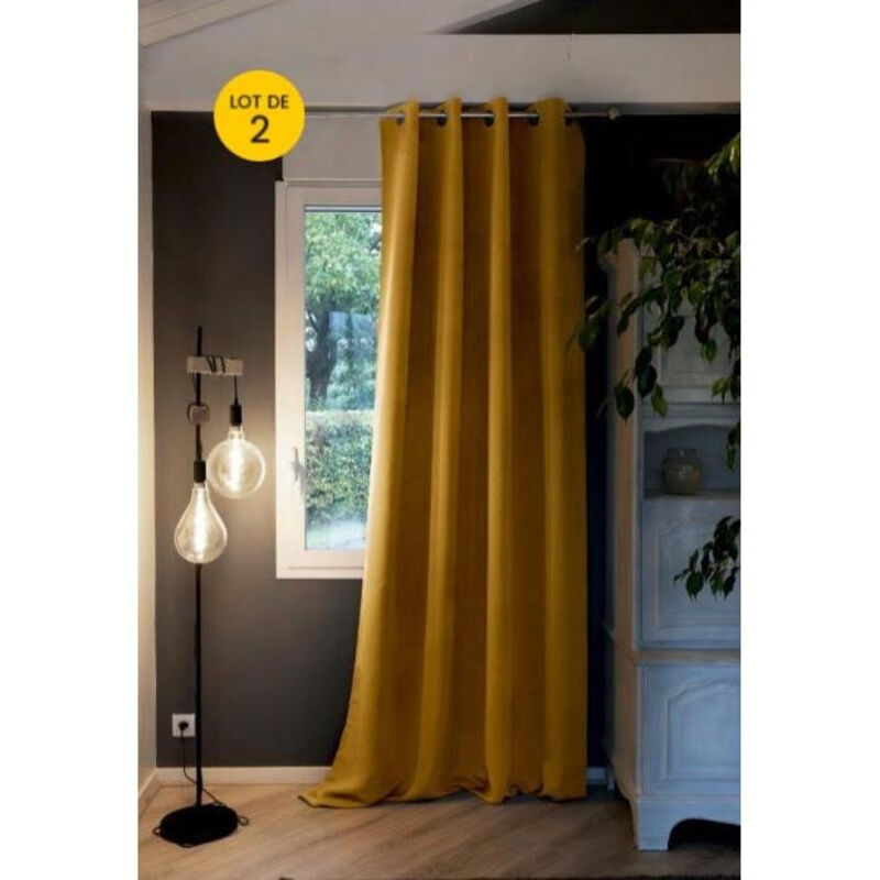 Lot de 2 Rideaux grande hauteur occultant + isolant phonique polaire L140 x H280 cm Inuit Jaune