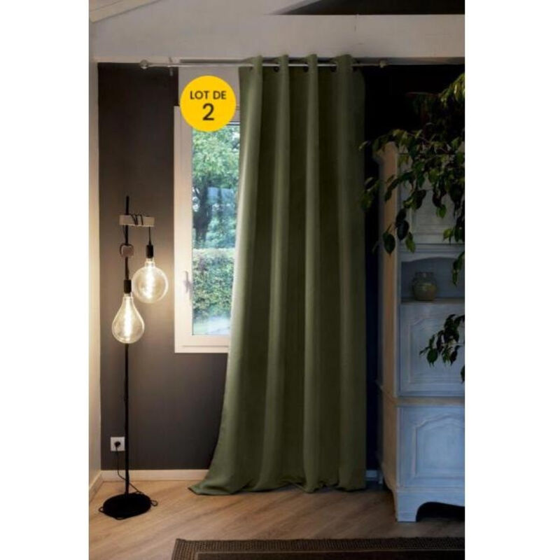 Lot de 2 Rideaux grande hauteur occultant + isolant phonique polaire L140 x H280 cm Inuit Romarin