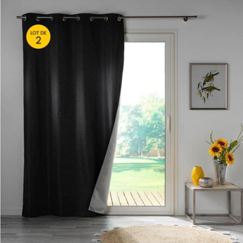 Douceur D'intérieur - Lot de 2 rideaux isolant phonique thermique occultant 140 x 260 cm Darko Noir
