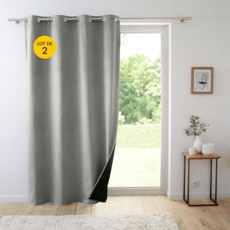 Lot de 2 Rideaux isolant thermique a oeillets 140 x 260 cm velours relief Polarchic Gris