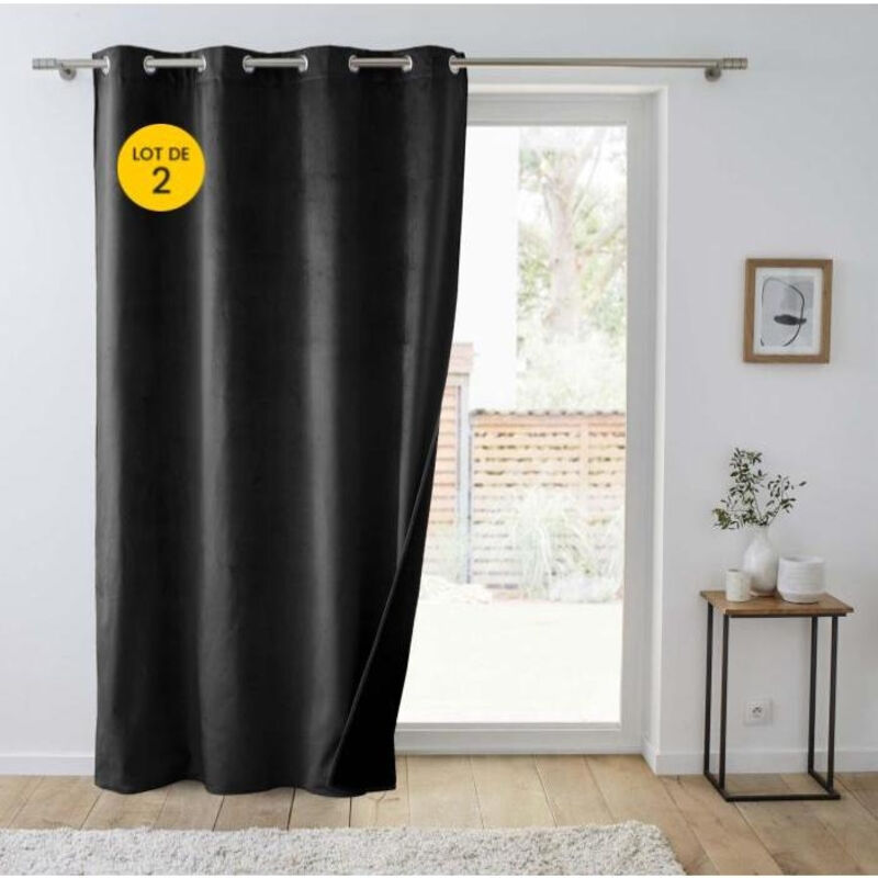 Lot de 2 Rideaux isolant thermique a oeillets 140 x 260 cm velours relief Polarchic Noir