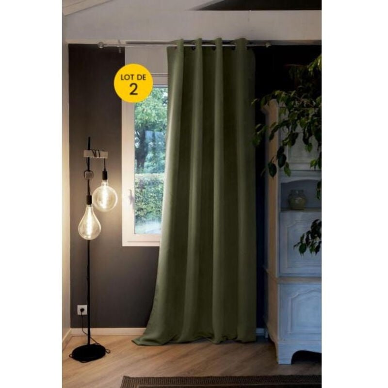 Lot de 2 Rideaux luxe occultant + isolant phonique polaire L140 x H260 cm Inuit Vert kaki