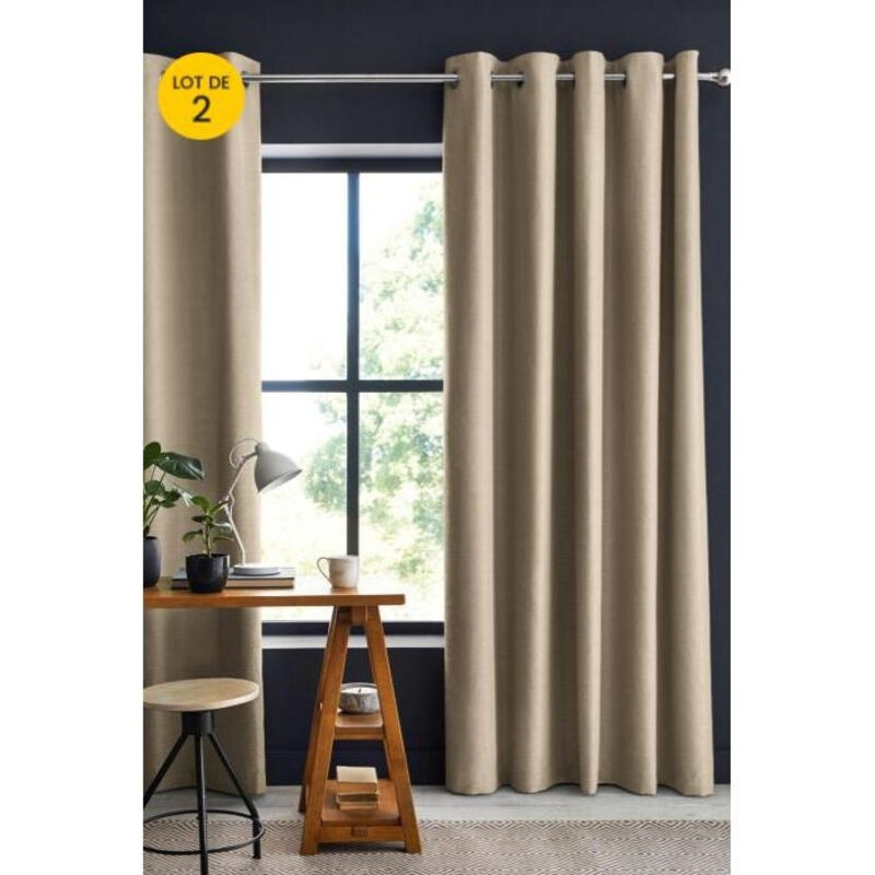 Cdaffaires - Lot de 2 rideaux occultant 140 x 280 cm grande hauteur Obscure Beige