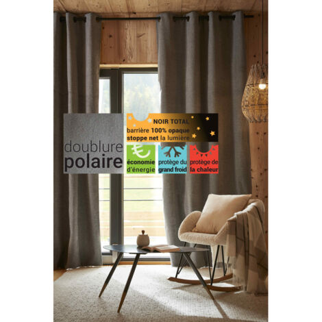 Lot de 2 rideaux occultants phoniques et thermiques doublés polaire "Bjorn" 100% opaque - Couleur: Bjorn Titane - Taille de rideaux: 2 Panneaux Occultant + Polaire 140 x 260 cm
