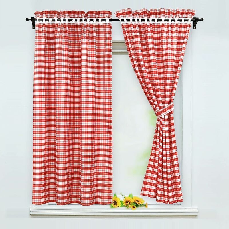 Lot de 2 rideaux occultantsavec 2 embrasses style maison de campagne, Polyester, rouge, BxH 80x120cm