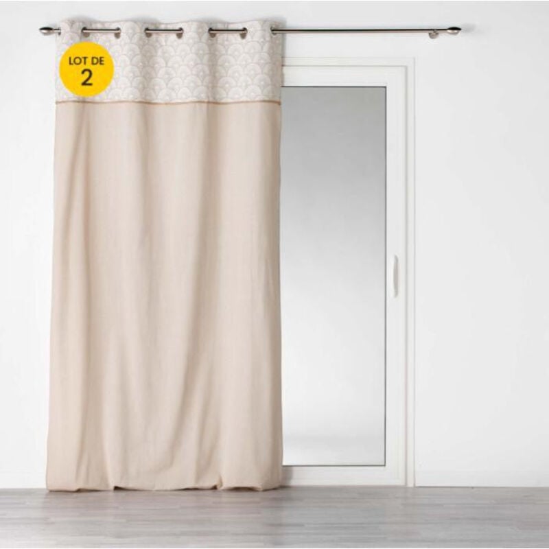 Lot de 2 Rideaux à oeillets 140 x 240 cm polycoton + jute imprimée Bahina Ecru-blanc