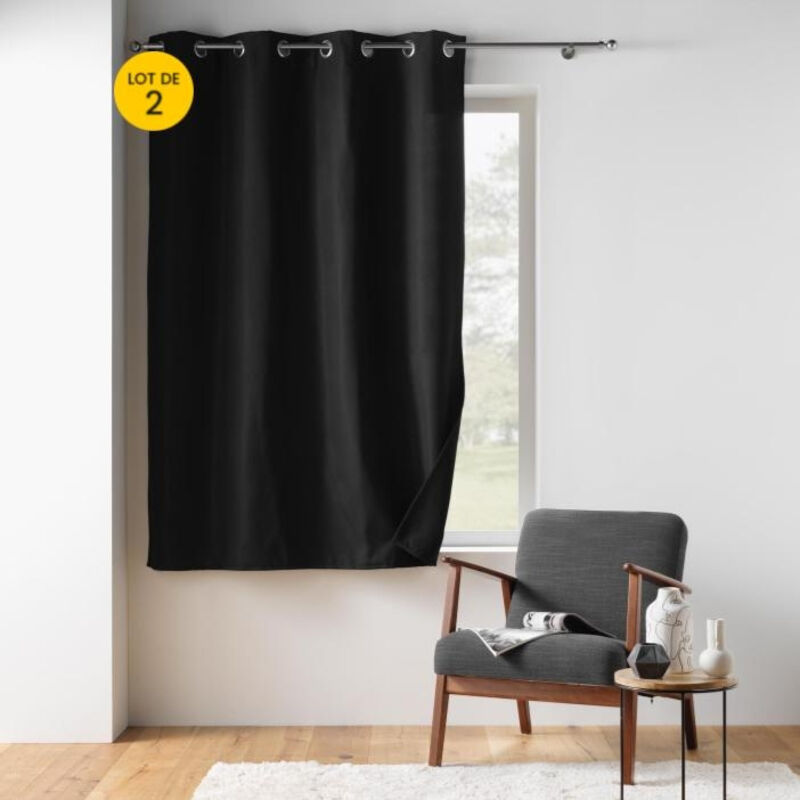 Cdaffaires - Lot de 2 Rideaux petite hauteur 135 x 180 cm isolant thermique microfibre Micropolar Noir