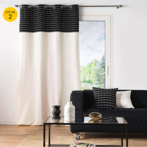 Lot de 2 Rideaux tamisant 140 x 240 cm coton recyclé + fils coupés Linechic Noir
