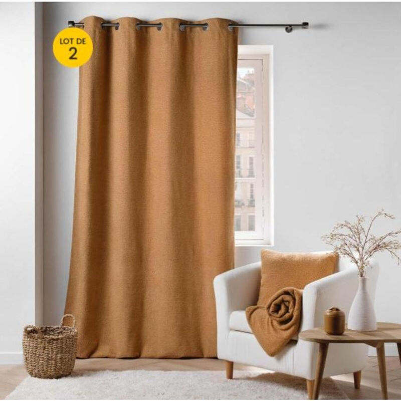 Douceur D'intérieur - Lot de 2 Rideaux tamisant a oeillets 140 x 240 cm bouclette Wooly Camel
