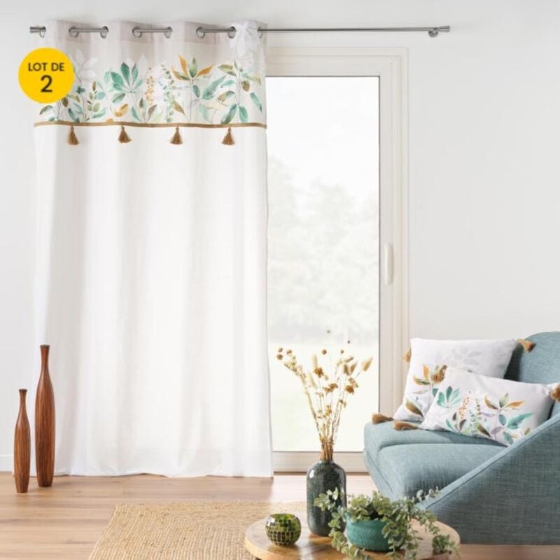 L'effet Papillon - Lot de 2 Rideaux tamisant a œillets 140 x 240 cm poly coton + Pompons Dilaris