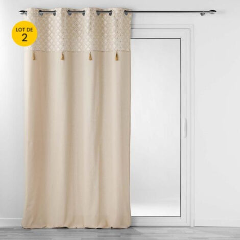 Lot de 2 rideaux tamisant en coton 140 x 240 cm + pompons Rafina Or
