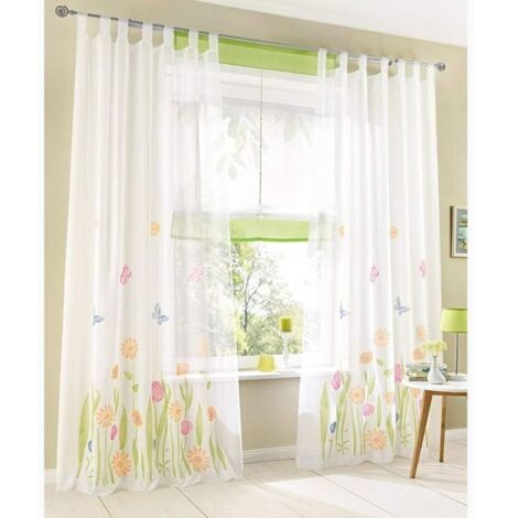 Lot de 2 Rideaux Transparents avec Passants - Voilage imprimé Floral - Traitement de fenêtre pour Chambre à Coucher, Salon, Chambre d'enfant, Balcon, Vert, 150x225cm