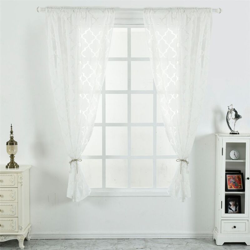 Lot de 2 rideaux transparents bouclés avec rayures marocaines solides modernes pour salon, chambre à coucher, mariage, taille : 100 x 200 cm, blanc