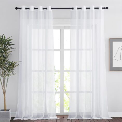Lot de 2 Rideaux Voilages Blanc 140x260cm Oeillets Métalliques Polyester Salon Chambre