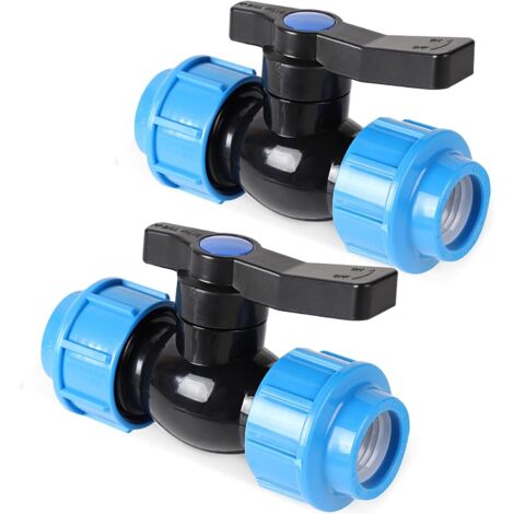 Lot de 2 robinets à boisseau sphérique pour tuyau en polyéthylène de 25 mm - Raccord de tuyau en polypropylène - Valve d'arrêt pour tuyau en polyéthylène