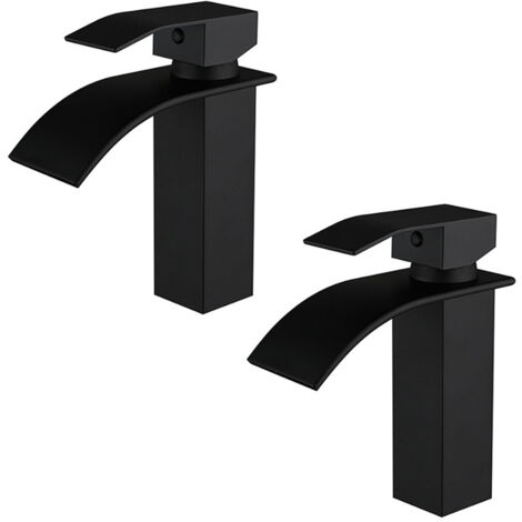 Lot de 2 robinets de salle de bain mitigeur lavabo en laiton noir – Finition peinture – Design cascade – Hauteur 19 cm – Aérateur ABS – Ideko
