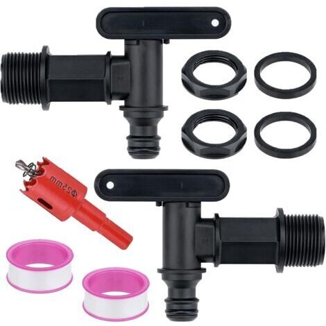 Lot de 2 robinets d'écoulement pour citerne d'eau de pluie - Robinet en plastique avec joint et ouvre-trou, adaptateur de réservoir d'eau de pluie de 3/4" pour citerne d'eau de pluie