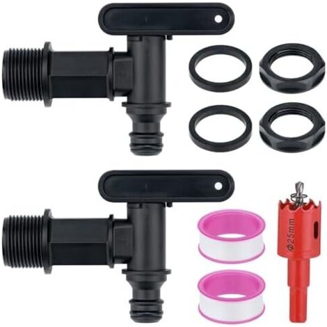 Lot de 2 Robinets pour Citerne Pluie, 3/4" Adaptateur Tuyau Arrosage, Rechange en Plastique avec Ruban Étanche et Ouvre-trou Maison Jardin Irrigation -