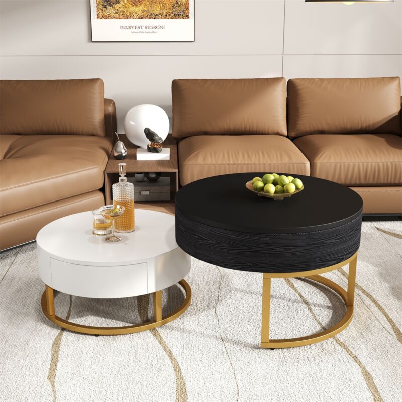 Eifson - Lot de 2 Ronde Table basse gigogne, avec 2 tiroirs, combinaison pliante, rangements cachés, piètement doré, 70x70x42 cm +60x60x24 cm