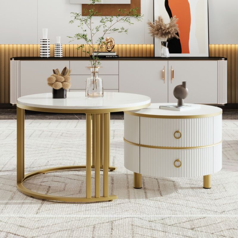 Eifson - Lot de 2 Ronde Table basse gigogne, avec plateau brillant et dessus marbre blanc, 2 tiroirs, poignées dorées, 70x70x46 cm +50x50x45 cm