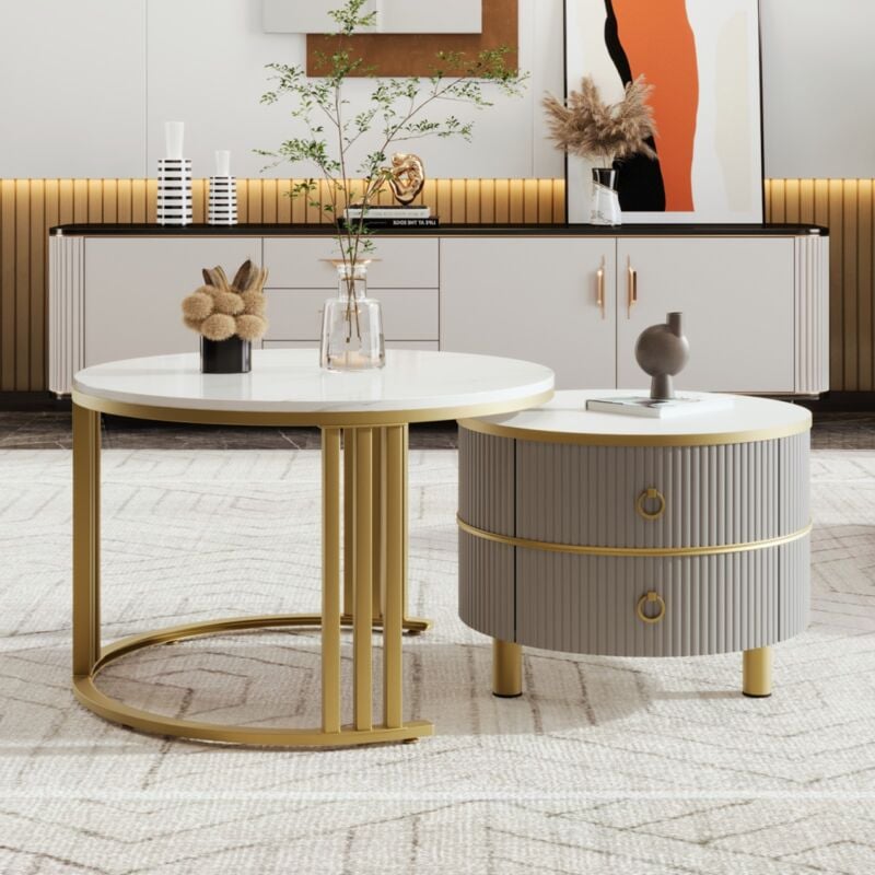 Eifson - Lot de 2 Ronde Table basse gigogne, avec plateau brillant et dessus marbre blanc, 2 tiroirs, poignées dorées, 70x70x46 cm +50x50x45 cm - Gris