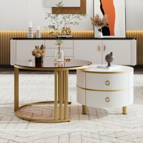 Lot de 2 Ronde Table basse gigogne, avec plateau brillant et plateau en verre trempé marron, 2 tiroirs, poignées dorées, 70x70x46 cm +50x50x45 cm - Blanc