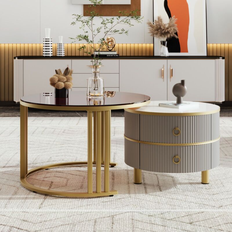 Eifson - Lot de 2 Ronde Table basse gigogne, avec plateau brillant et plateau en verre trempé marron, 2 tiroirs, poignées dorées, 70x70x46 cm