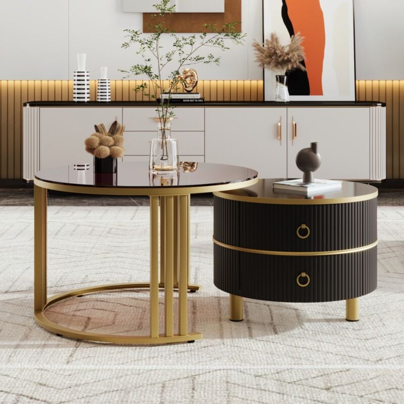 Eifson - Lot de 2 Ronde Table basse gigogne, avec plateau brillant et plateau en verre trempé marron, 2 tiroirs, poignées dorées, 70x70x46 cm