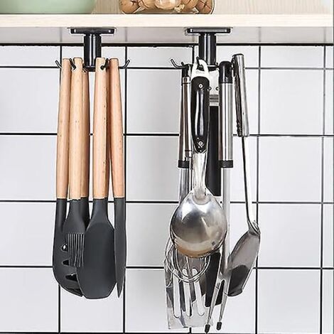 lot De 2 Rotatif  360 Porte Ustensiles Cuisine(noir), Support Ustensiles Cuisine Avec 6 Crochets,sans Perage Rangement Organiseur Rack,pour Cuisin