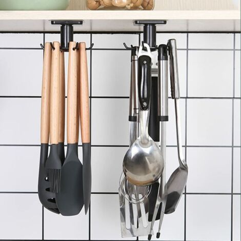 Lot de 2 Rotatif à 360° Porte Ustensiles Cuisine,Support Ustensiles Cuisine avec 6 crochets,sans perçage Rangement Organis Rack,pour cuisine/Bains/garde-robe (Noir)
