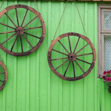 Lot de 2 Roues de Décoration Vintage Ornement de Jardin Bistrot et Cave en Bois Grain Fin et Fer, 76x76x3,5cm, Marron
