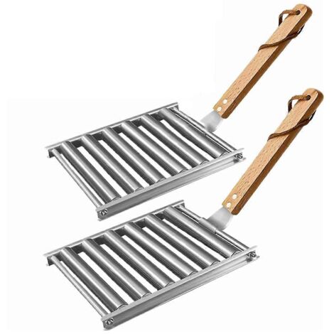 Lot de 2 rouleaux à hot-dogs pour barbecue, avec poignée en bois.