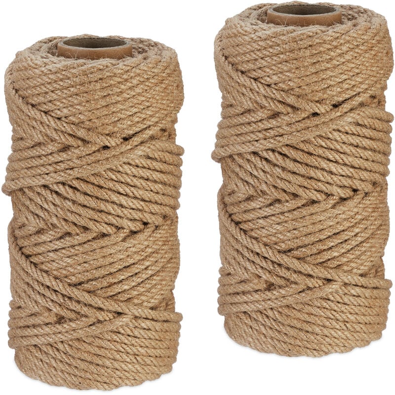 Lot de 2 rouleaux de ficelle en jute (chacune : 50 m), bricolage, jardin, emballage, nature - Relaxdays