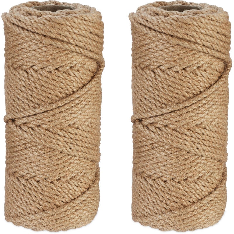 Lot de 2 rouleaux de ficelle en jute (chacune : 50 m), bricolage, jardin, emballage, nature - Relaxdays