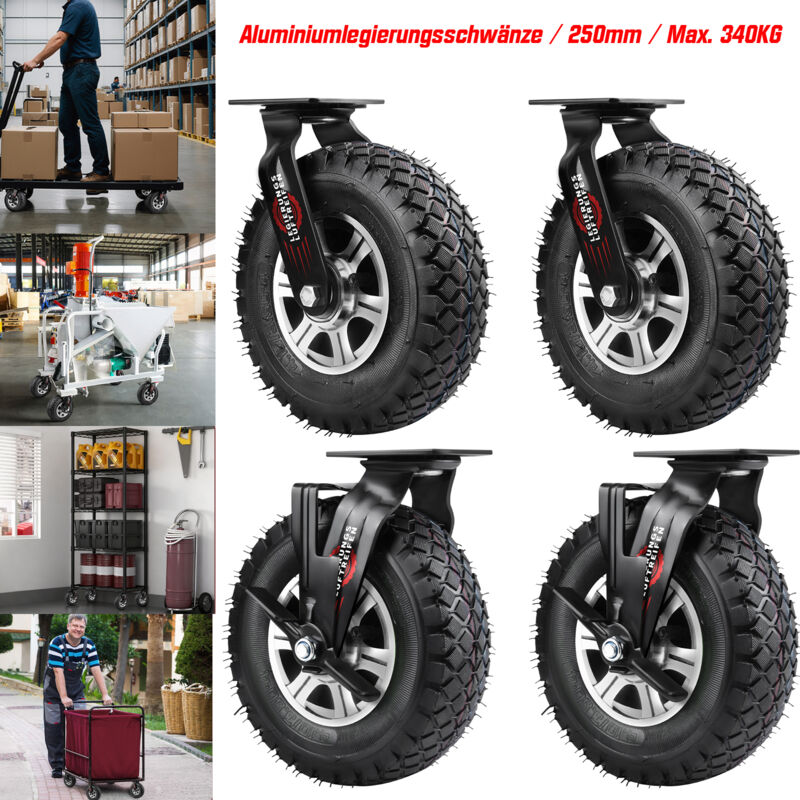 Lot de 4 Roulette Pivotantes + Roulette à frein Ø 250 x 90 mm, 340Kg, Roues Pneumatiques Alliage d'aluminium, pour Manutention et Transport