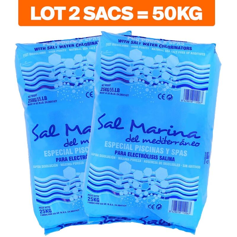 Lot De 2 Sacs 25kg Sel Fin Spécial Piscine Dissolution Rapide Norme 16401 Conforme Norme Européenne
